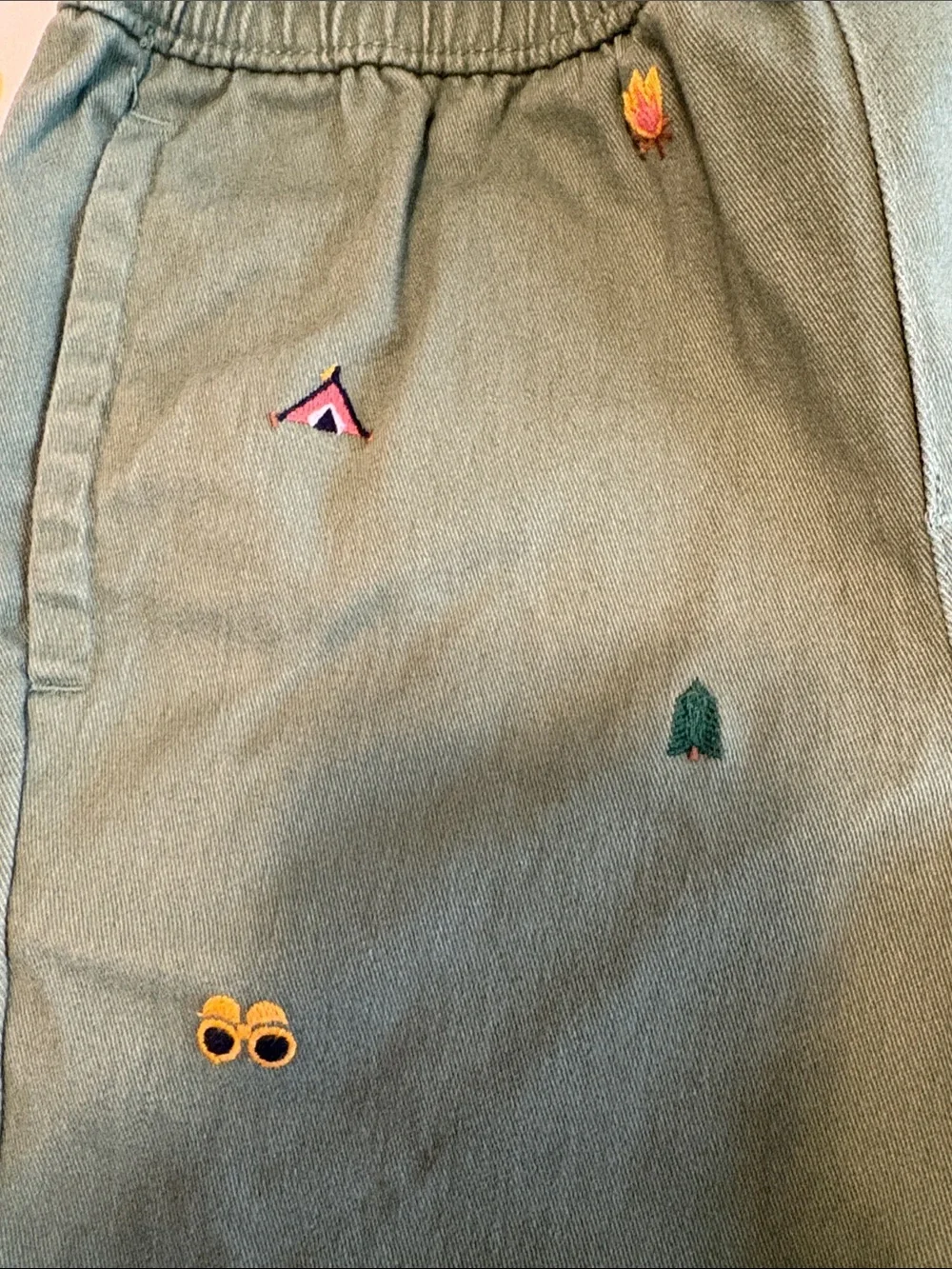 Janie and Jack Happy Camper Olive Green Embroidered Drawstring Shorts w shirt
